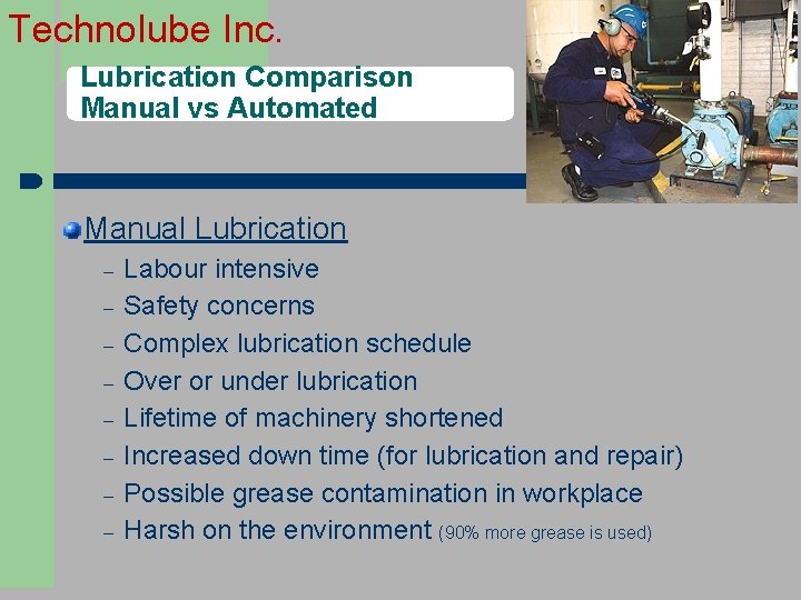 Technolube Inc. Lubrication Comparison Manual vs Automated Manual Lubrication Labour intensive Safety concerns Complex