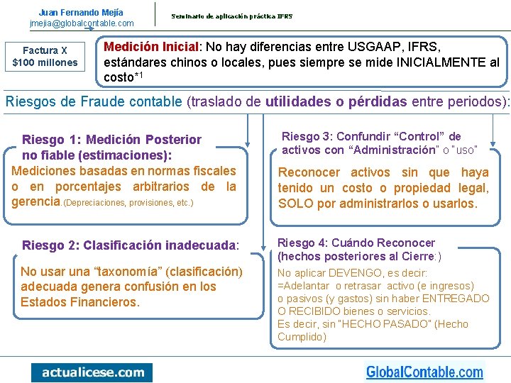Juan Fernando Mejía jmejia@globalcontable. com Factura X $100 millones Seminario de aplicación práctica IFRS
