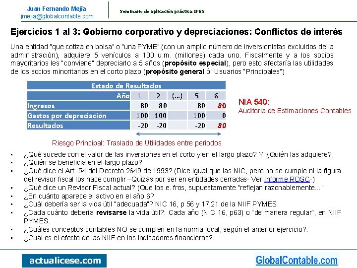 Juan Fernando Mejía jmejia@globalcontable. com Seminario de aplicación práctica IFRS Ejercicios 1 al 3: