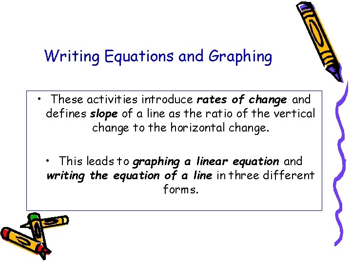 Writing Equations and Graphing • These activities introduce rates of change and defines slope