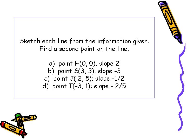 Sketch each line from the information given. Find a second point on the line.