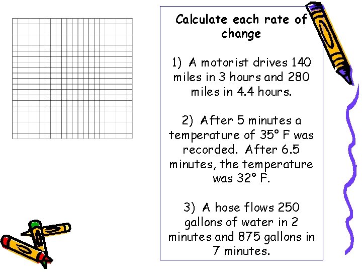 Calculate each rate of change 1) A motorist drives 140 miles in 3 hours Calculate each rate of change 1) A motorist drives 140 miles in 3 hours