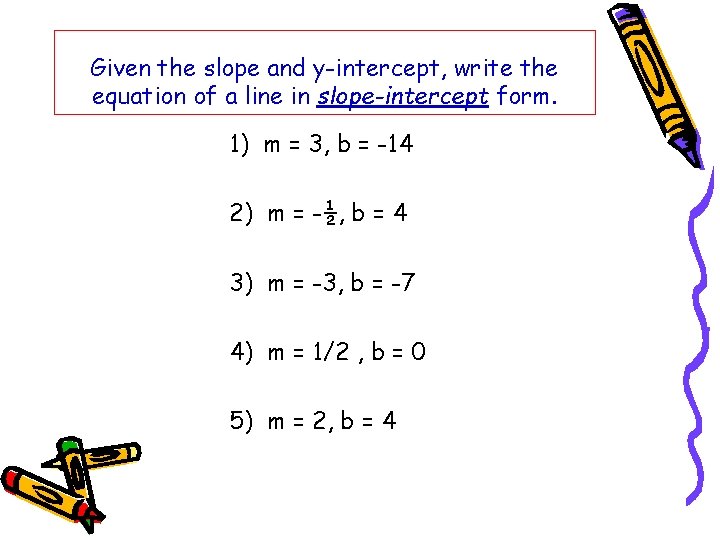 Given the slope and y-intercept, write the equation of a line in slope-intercept form.