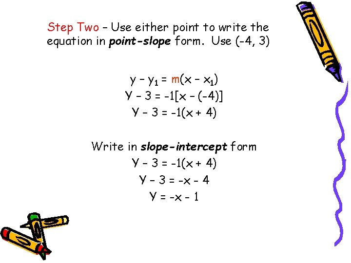 Step Two – Use either point to write the equation in point-slope form. Use Step Two – Use either point to write the equation in point-slope form. Use