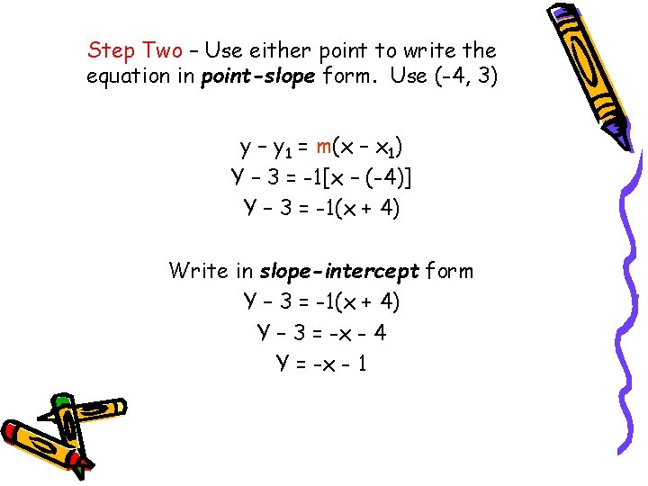 Step Two – Use either point to write the equation in point-slope form. Use