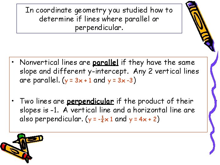 In coordinate geometry you studied how to determine if lines where parallel or perpendicular.