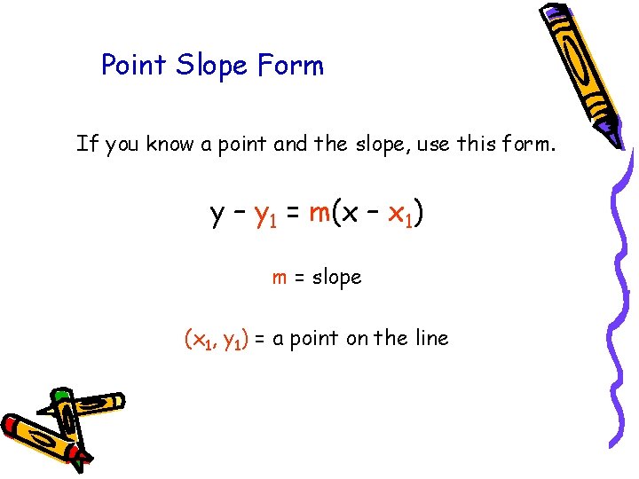 Point Slope Form If you know a point and the slope, use this form. Point Slope Form If you know a point and the slope, use this form.