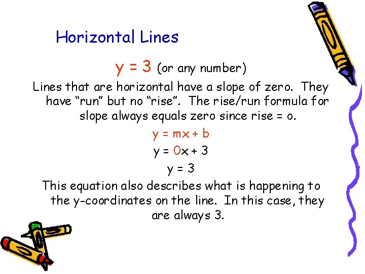 Horizontal Lines y=3 (or any number) Lines that are horizontal have a slope of