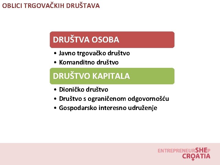 OBLICI TRGOVAČKIH DRUŠTAVA DRUŠTVA OSOBA • Javno trgovačko društvo • Komanditno društvo DRUŠTVO KAPITALA