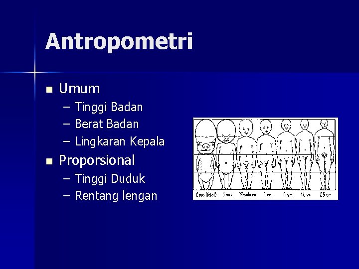 Antropometri n Umum – – – n Tinggi Badan Berat Badan Lingkaran Kepala Proporsional