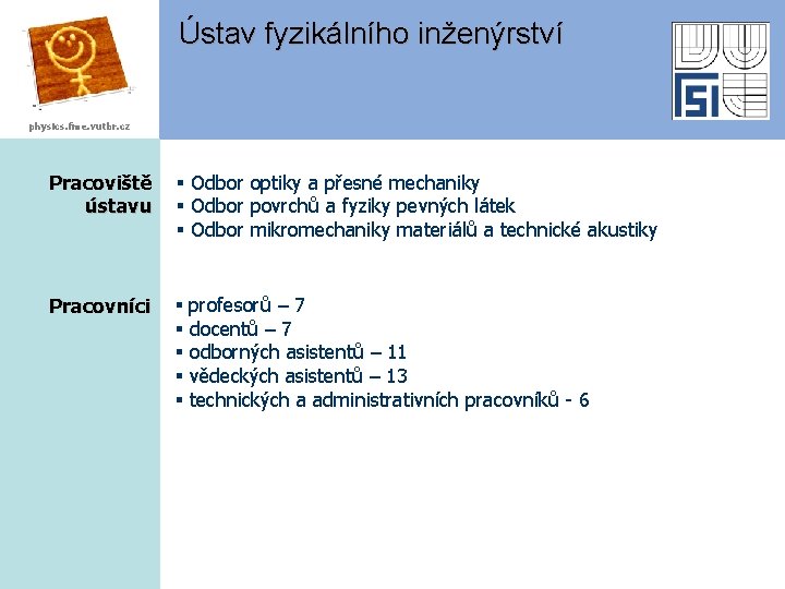 Ústav fyzikálního inženýrství physics. fme. vutbr. cz Pracoviště ústavu § Odbor optiky a přesné