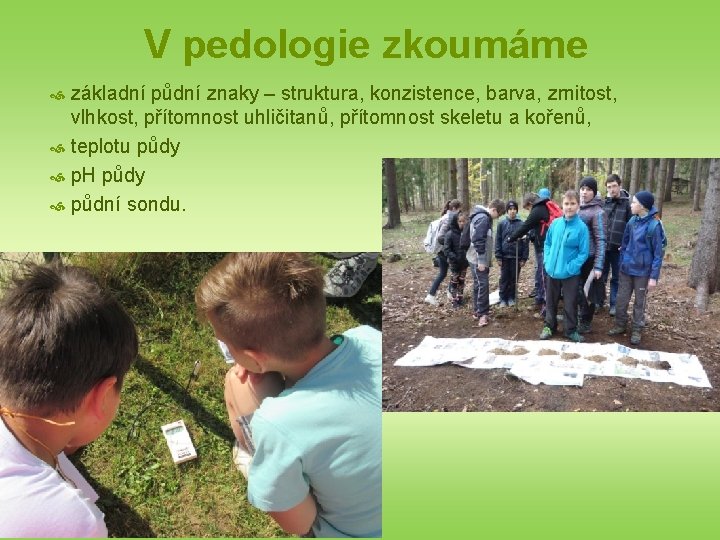V pedologie zkoumáme základní půdní znaky – struktura, konzistence, barva, zrnitost, vlhkost, přítomnost uhličitanů,