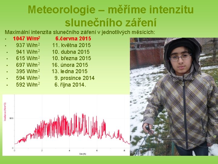 Meteorologie – měříme intenzitu slunečního záření Maximální intenzita slunečního záření v jednotlivých měsících: •