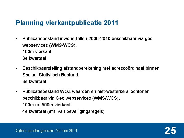 Planning vierkantpublicatie 2011 • Publicatiebestand inwonertallen 2000 -2010 beschikbaar via geo webservices (WMS/WCS). 100