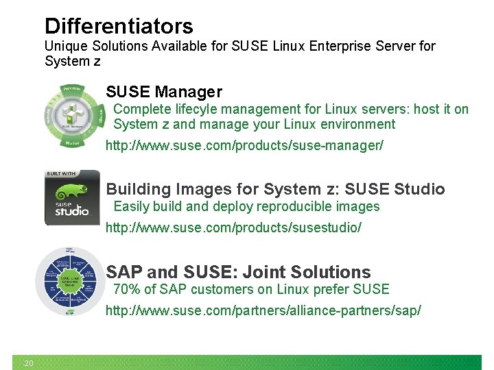 Differentiators Unique Solutions Available for SUSE Linux Enterprise Server for System z SUSE Manager