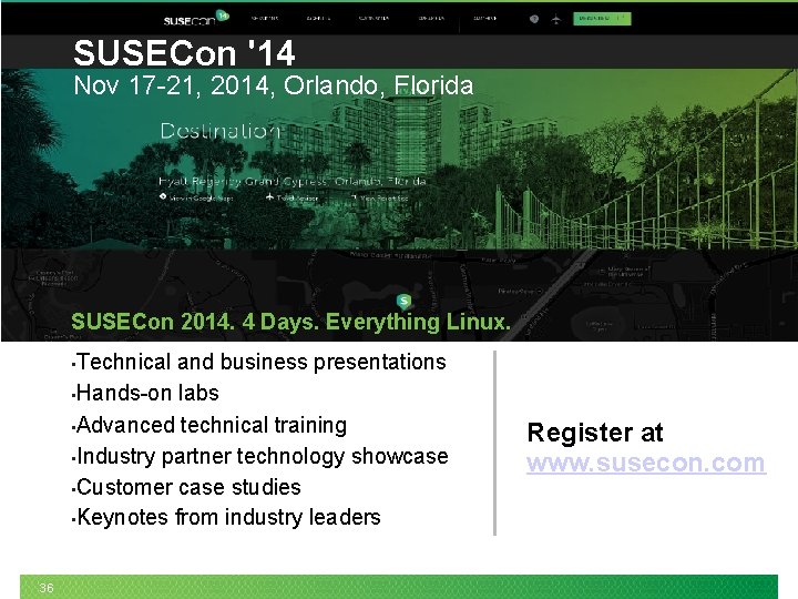 SUSECon '14 Nov 17 -21, 2014, Orlando, Florida SUSECon 2014. 4 Days. Everything Linux.