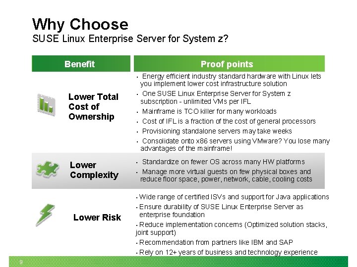 Why Choose SUSE Linux Enterprise Server for System z? Benefit Proof points • Lower