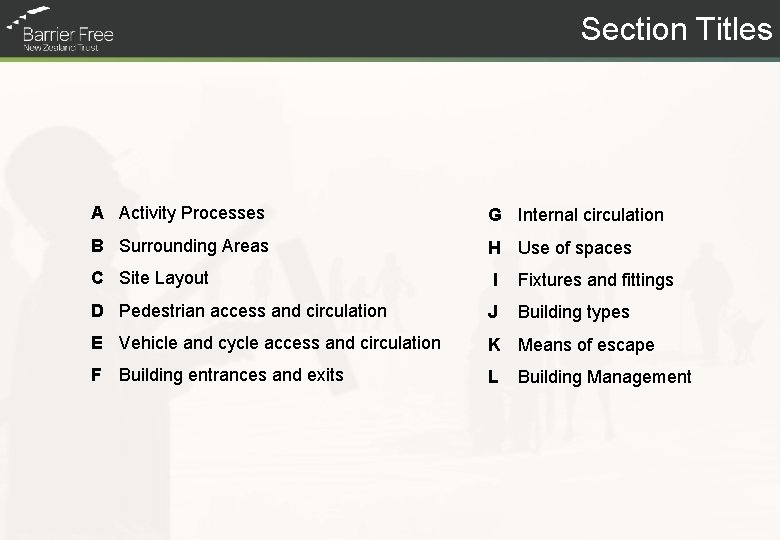 Section Titles A Activity Processes G Internal circulation B Surrounding Areas H Use of