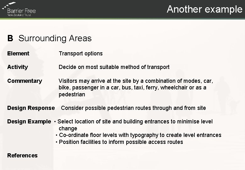 Another example B Surrounding Areas Element Transport options Activity Decide on most suitable method