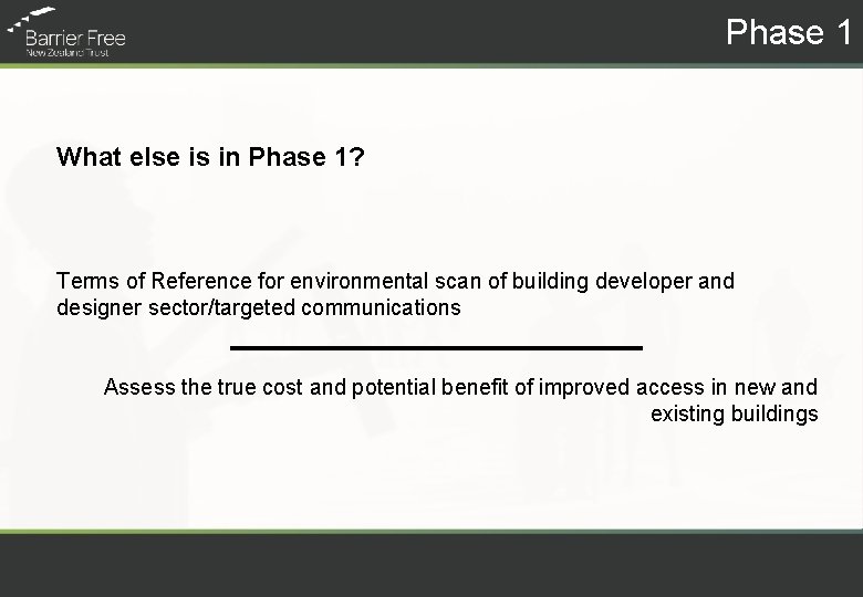 Phase 1 What else is in Phase 1? Terms of Reference for environmental scan