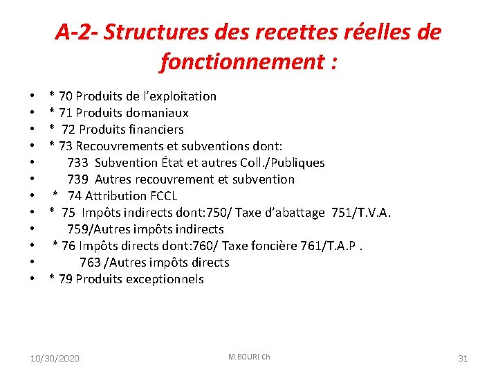 A-2 - Structures des recettes réelles de fonctionnement : • • • * 70