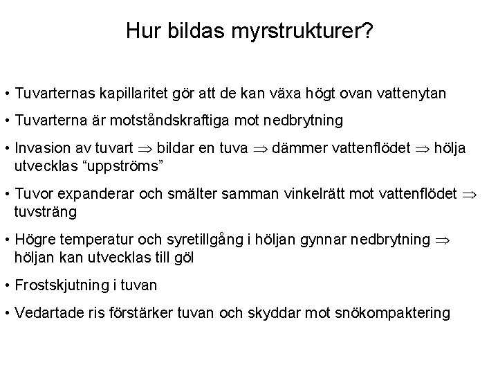 Hur bildas myrstrukturer? • Tuvarternas kapillaritet gör att de kan växa högt ovan vattenytan