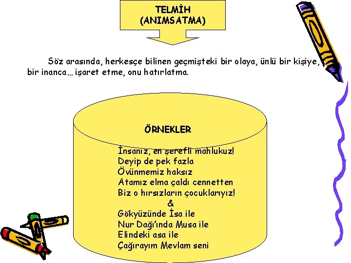 TELMİH (ANIMSATMA) Söz arasında, herkesçe bilinen geçmişteki bir olaya, ünlü bir kişiye, bir inanca…