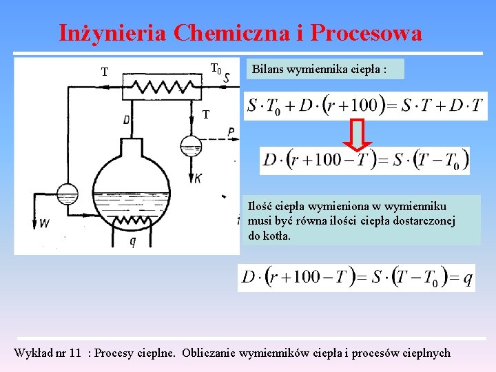 Inżynieria Chemiczna i Procesowa T 0 T Bilans wymiennika ciepła : T Ilość ciepła