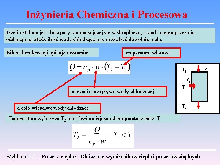 Inżynieria Chemiczna i Procesowa Jeżeli ustalona jest ilość pary kondensującej się w skraplaczu, a