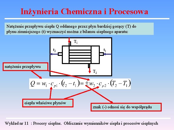 Inżynieria Chemiczna i Procesowa Natężenie przepływu ciepła Q oddanego przez płyn bardziej gorący (T)