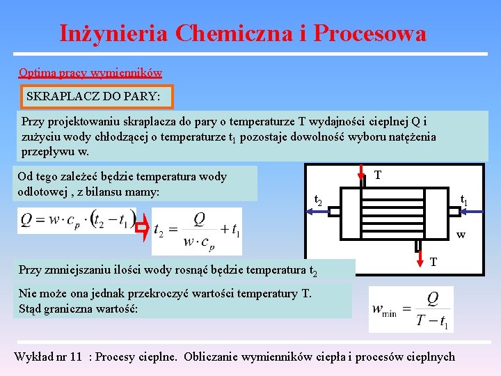 Inżynieria Chemiczna i Procesowa Optima pracy wymienników SKRAPLACZ DO PARY: Przy projektowaniu skraplacza do
