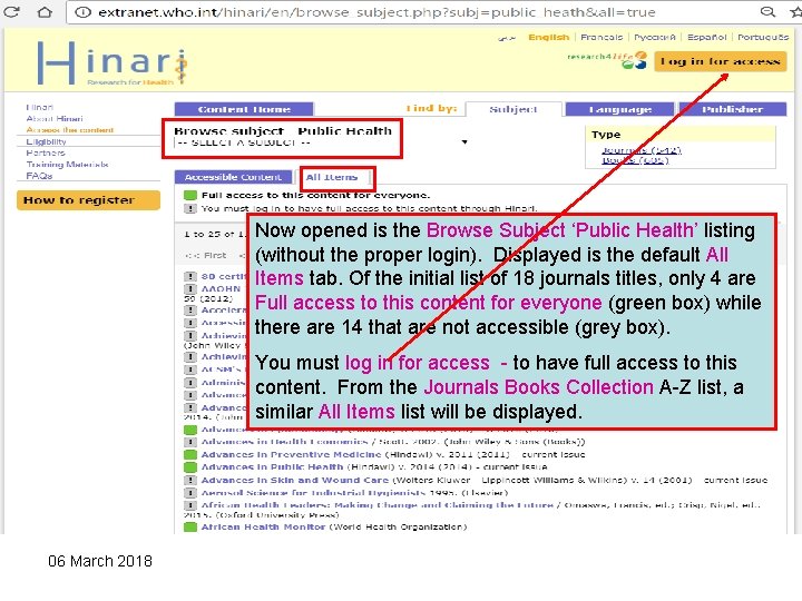 Now opened is the Browse Subject ‘Public Health’ listing (without the proper login). Displayed