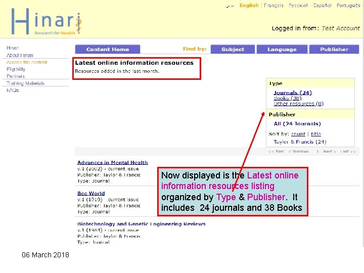 Now displayed is the Latest online information resources listing organized by Type & Publisher.
