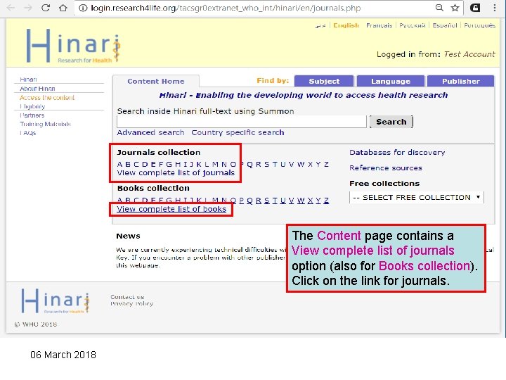 The Content page contains a View complete list of journals option (also for Books