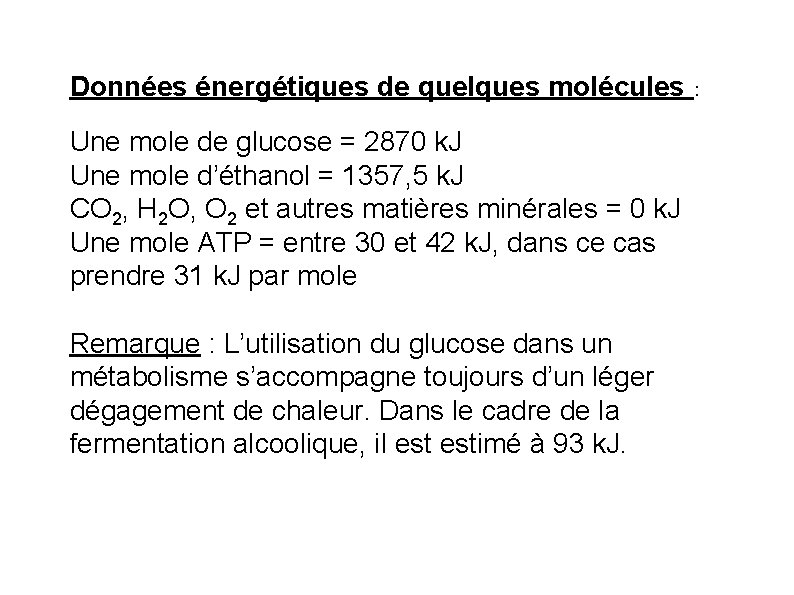 Données énergétiques de quelques molécules : Une mole de glucose = 2870 k. J