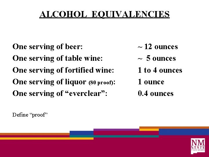 ALCOHOL EQUIVALENCIES One serving of beer: One serving of table wine: One serving of