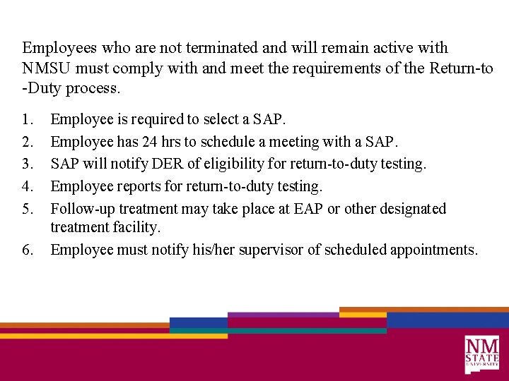 Employees who are not terminated and will remain active with NMSU must comply with