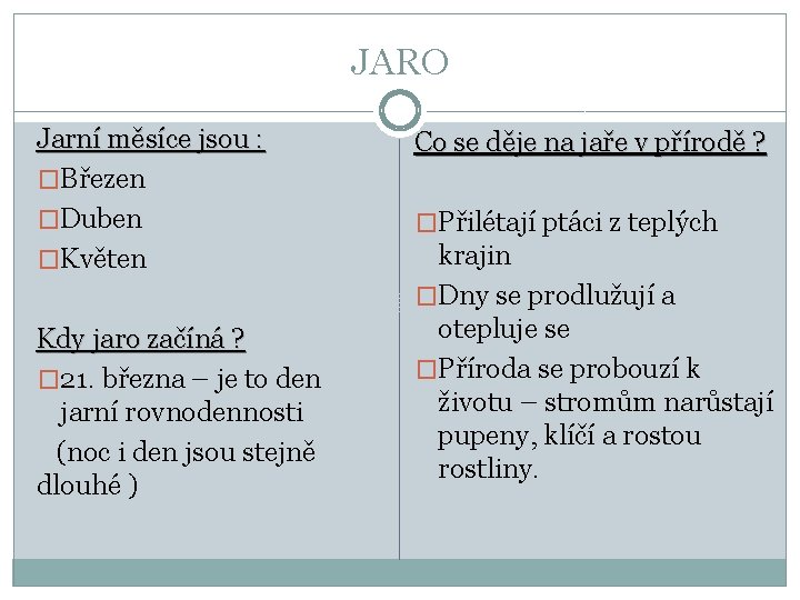 JARO Jarní měsíce jsou : �Březen �Duben �Květen Kdy jaro začíná ? � 21.