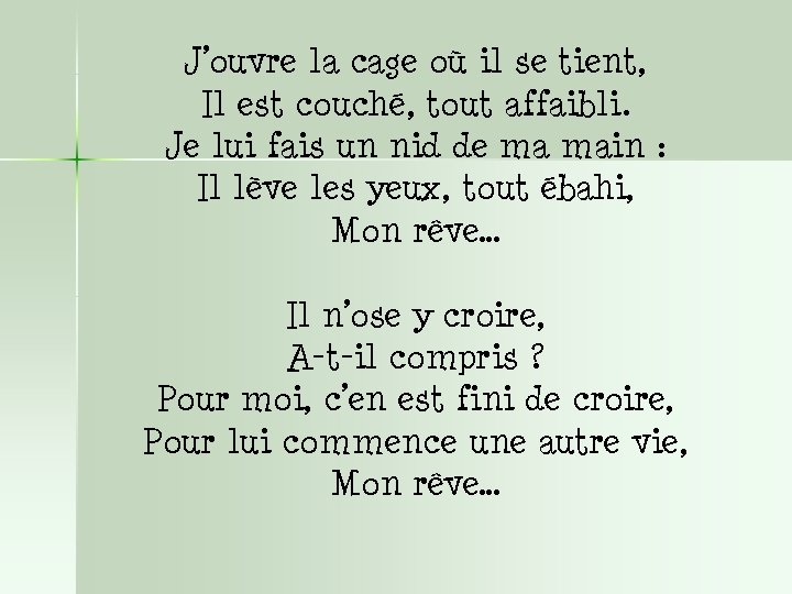 J’ouvre la cage où il se tient, Il est couché, tout affaibli. Je lui