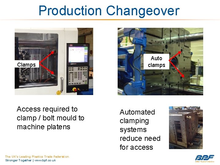 Production Changeover Clamps Access required to clamp / bolt mould to machine platens The