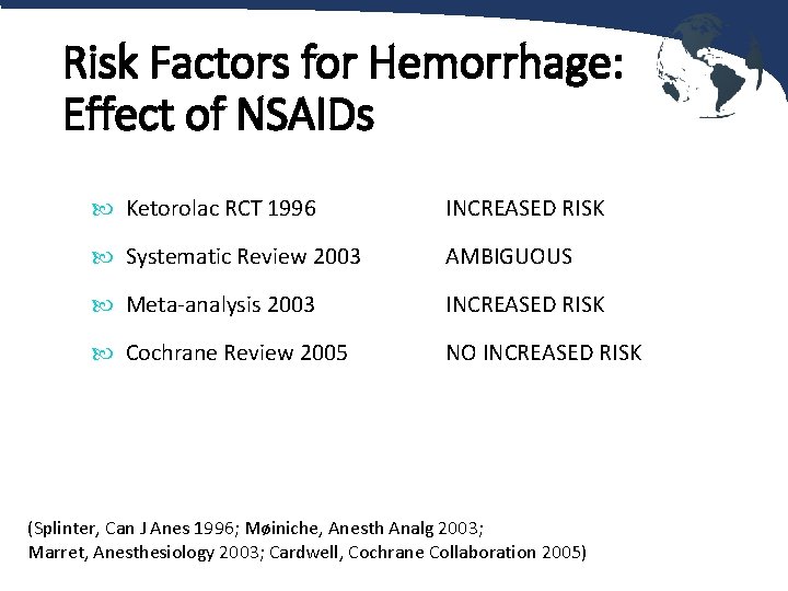 Risk Factors for Hemorrhage: Effect of NSAIDs Ketorolac RCT 1996 INCREASED RISK Systematic Review