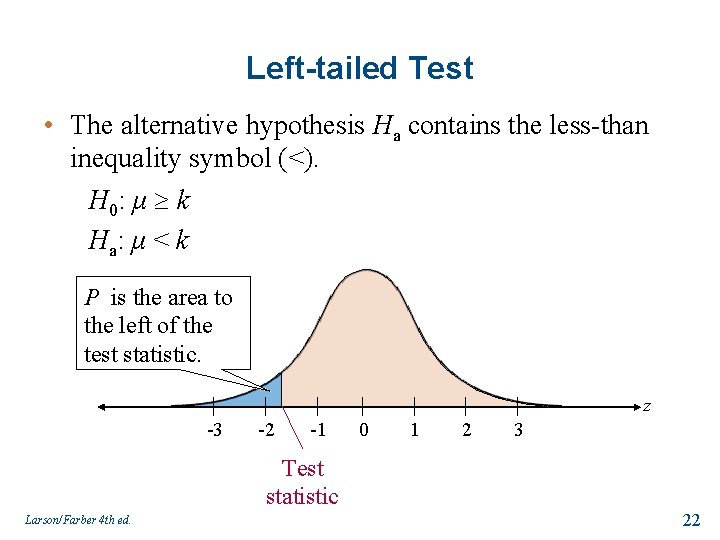 Left-tailed Test • The alternative hypothesis Ha contains the less-than inequality symbol (<). H