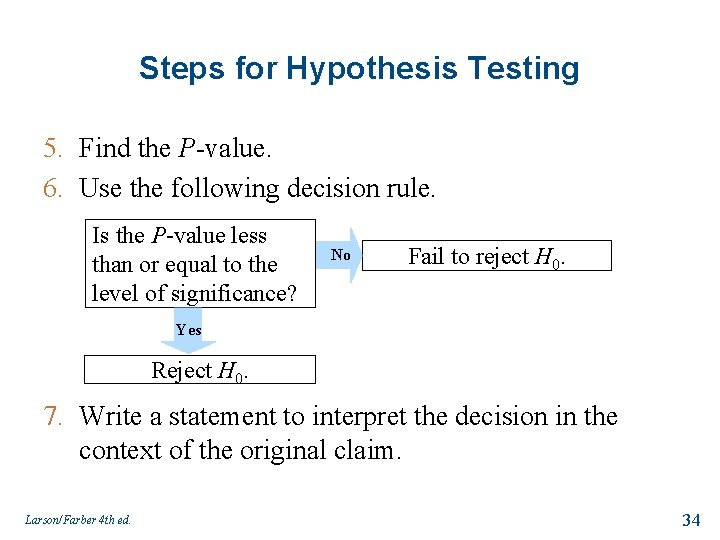 Steps for Hypothesis Testing 5. Find the P-value. 6. Use the following decision rule.