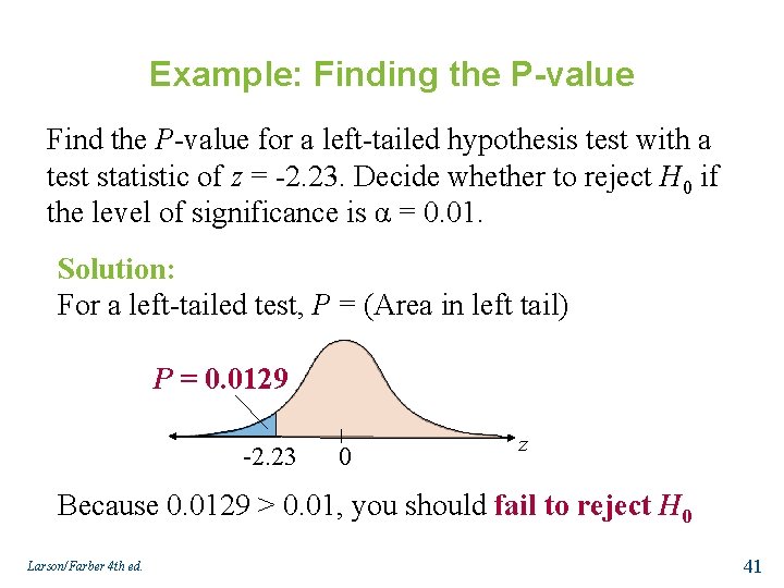 Example: Finding the P-value Find the P-value for a left-tailed hypothesis test with a