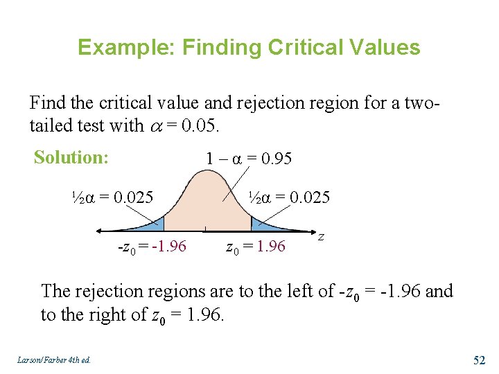 Example: Finding Critical Values Find the critical value and rejection region for a twotailed