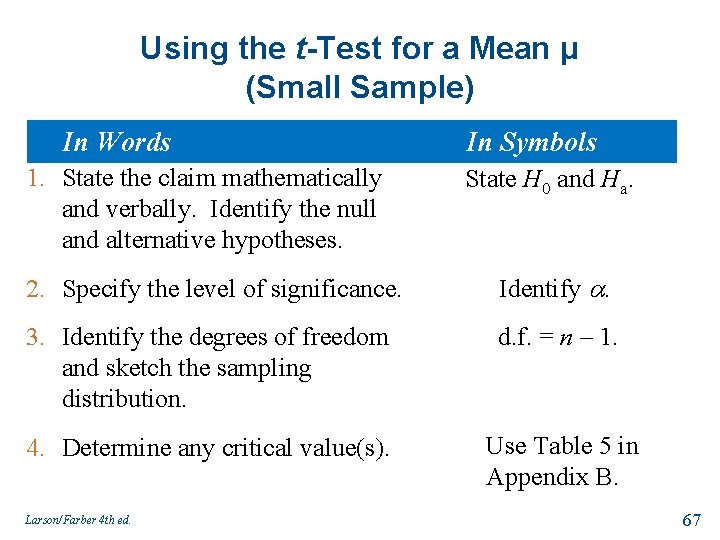 Using the t-Test for a Mean μ (Small Sample) In Words 1. State the