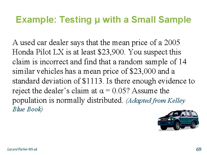 Example: Testing μ with a Small Sample A used car dealer says that the