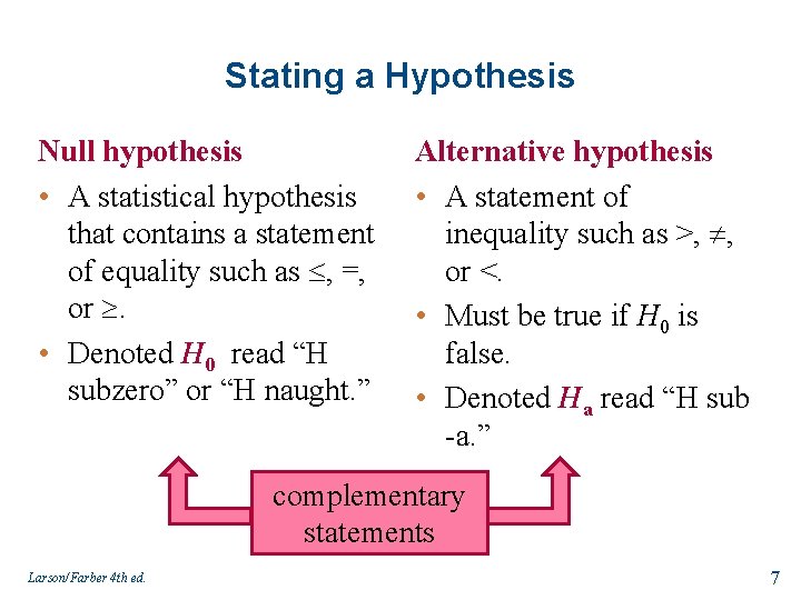 Stating a Hypothesis Null hypothesis • A statistical hypothesis that contains a statement of
