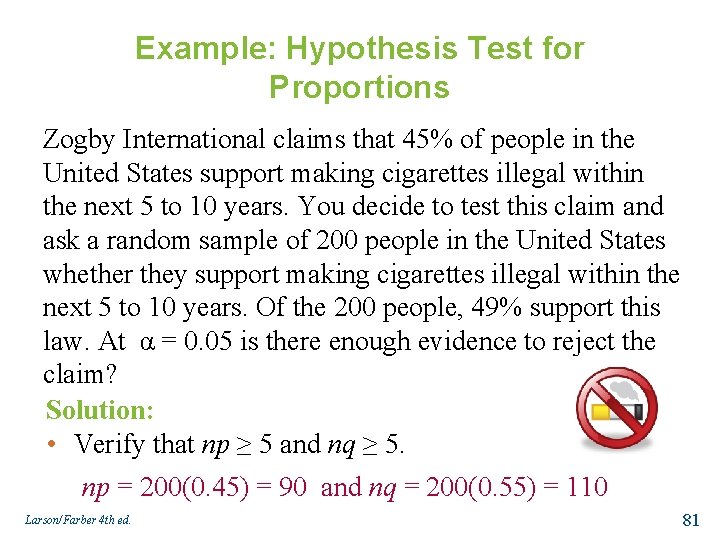 Example: Hypothesis Test for Proportions Zogby International claims that 45% of people in the