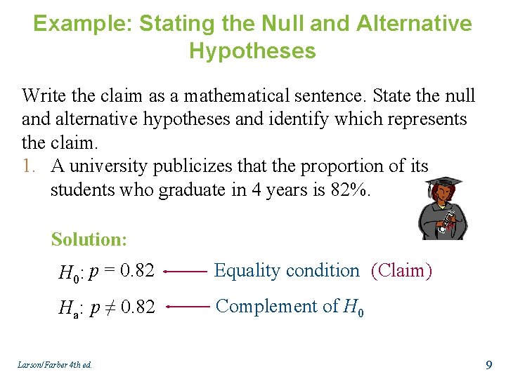 Example: Stating the Null and Alternative Hypotheses Write the claim as a mathematical sentence.